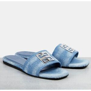 NWT GIVENCHY Light Blue Denim Silver Tone 4G Logo Flat Sandals Size EU37